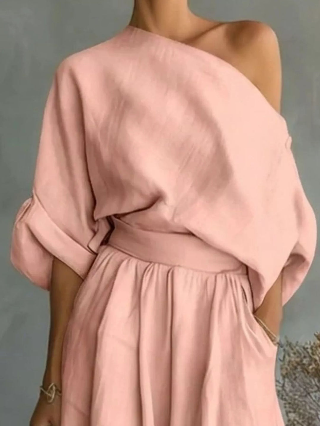 Pink one-shoulder top and wide-leg pants set, one-shoulder neckline and soft drape