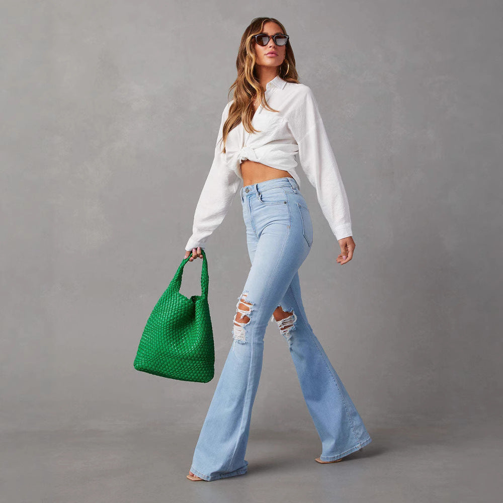 Streetwear High Waist Ripped Flare Women's Denim Jeans