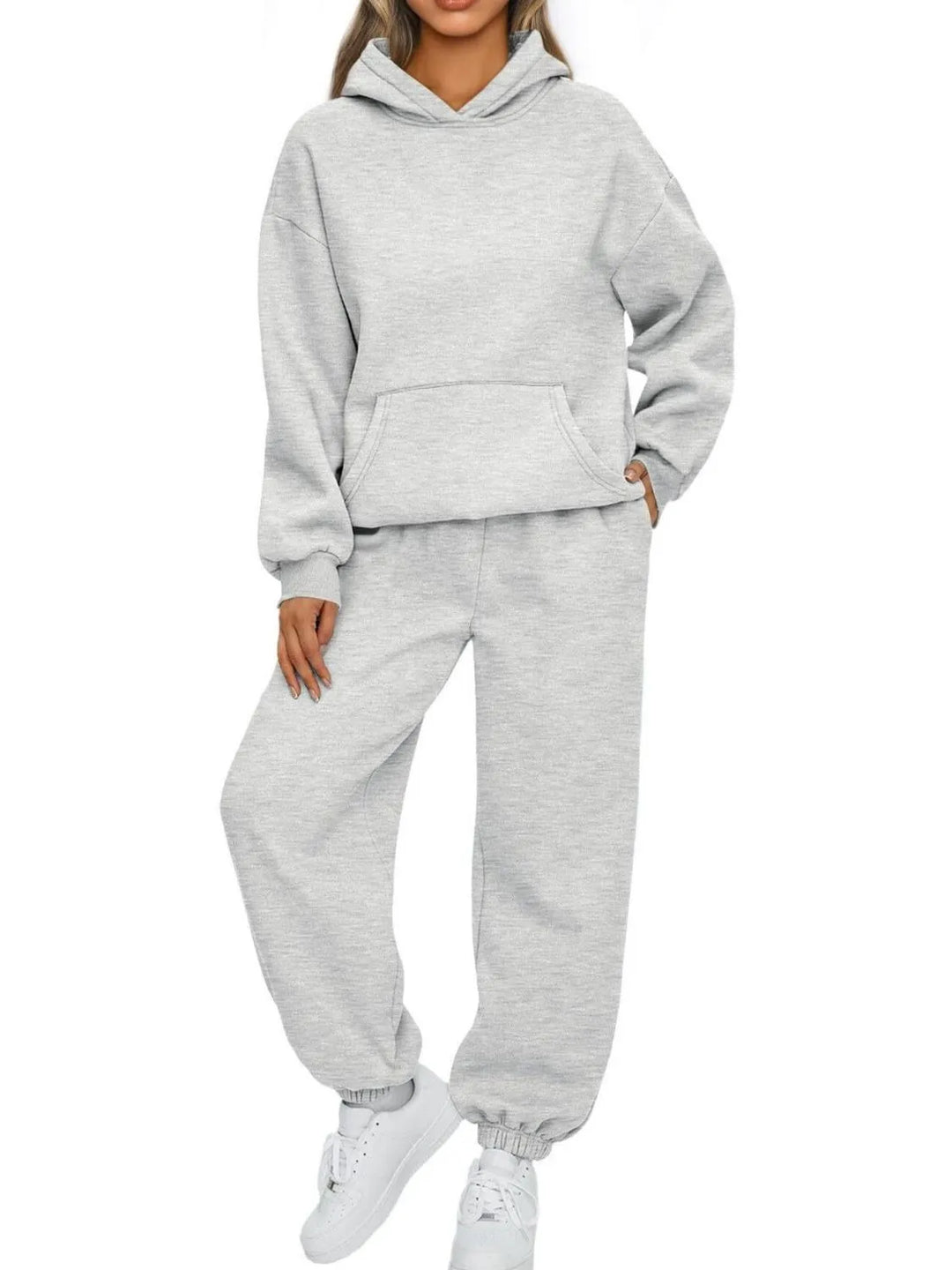 Plus-size light gray hoodie and jogger set with kangaroo pocket, hooded sweatshirt