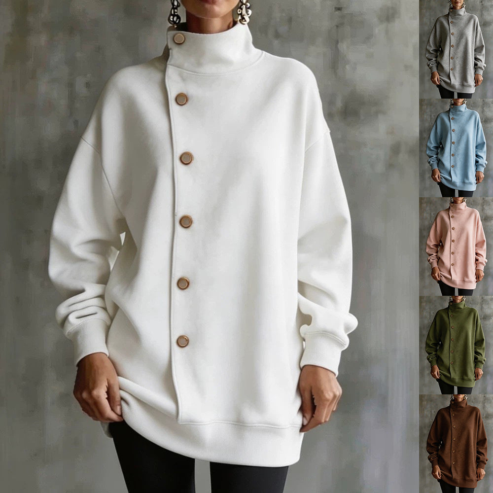 Women's Stand-Collar Button Pullover Color Collage In White, Gray, Sky Blue, Pink, Olive Green, And Brown