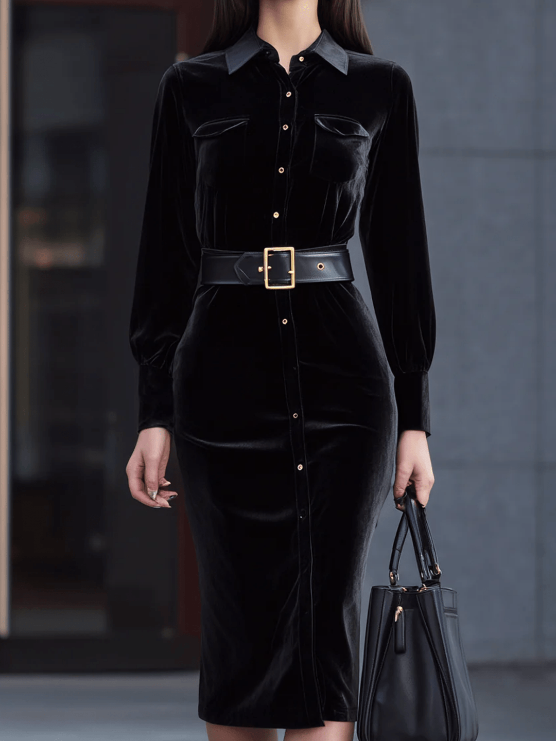 Power Dressing Black Velvet Golden Button Dress - Flossy Mom