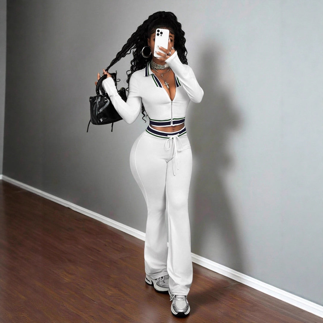 White women’s high-neck zip crop top and slim track pants set with matching drawstring