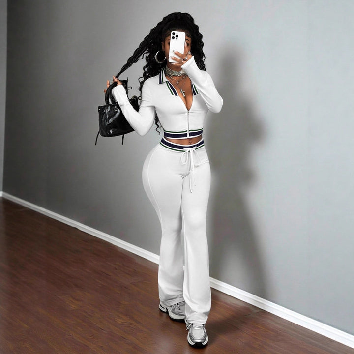 White women’s high-neck zip crop top and slim track pants set with matching drawstring