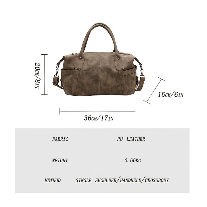 Brown leather bag with dimensions and material details on a white background