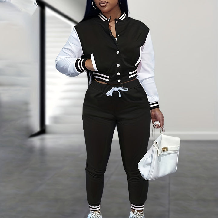 Trendy Streetwear Crop Baseball Jacket & Pants Set - Flossy Mom