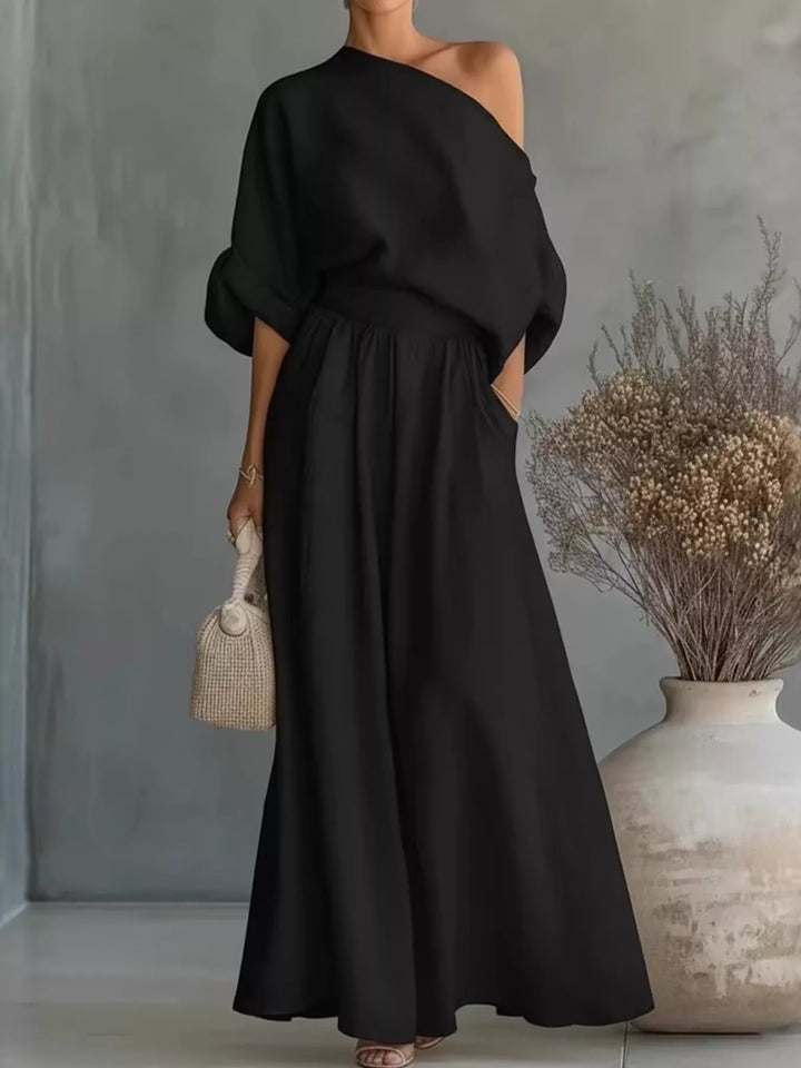 Plus-size one-shoulder top and wide-leg pants set, black