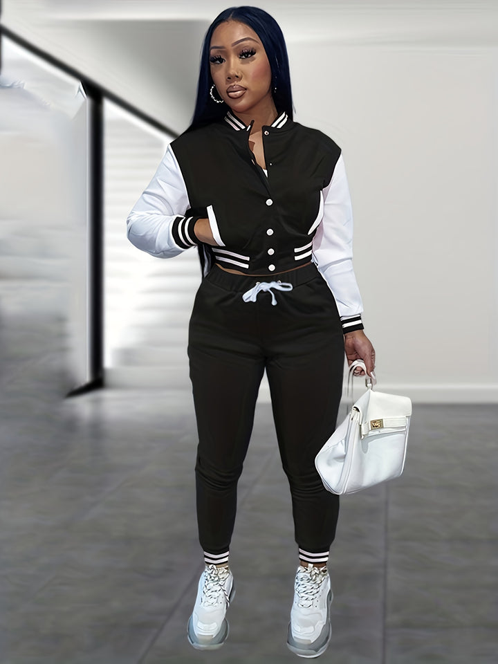 Trendy Streetwear Crop Baseball Jacket & Pants Set - Flossy Mom