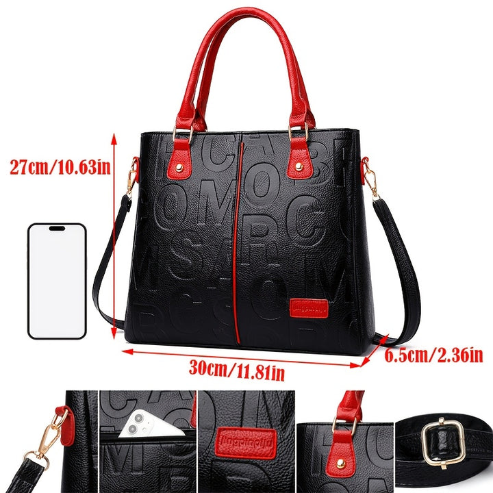 Top Handle Straps Zipper Letter Print PU Leather Handbags - Flossy Mom
