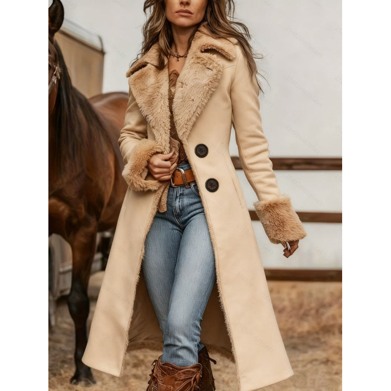 Women's Apricot Longline Western Coat With Tan Plush-Look Collar And Cuffs