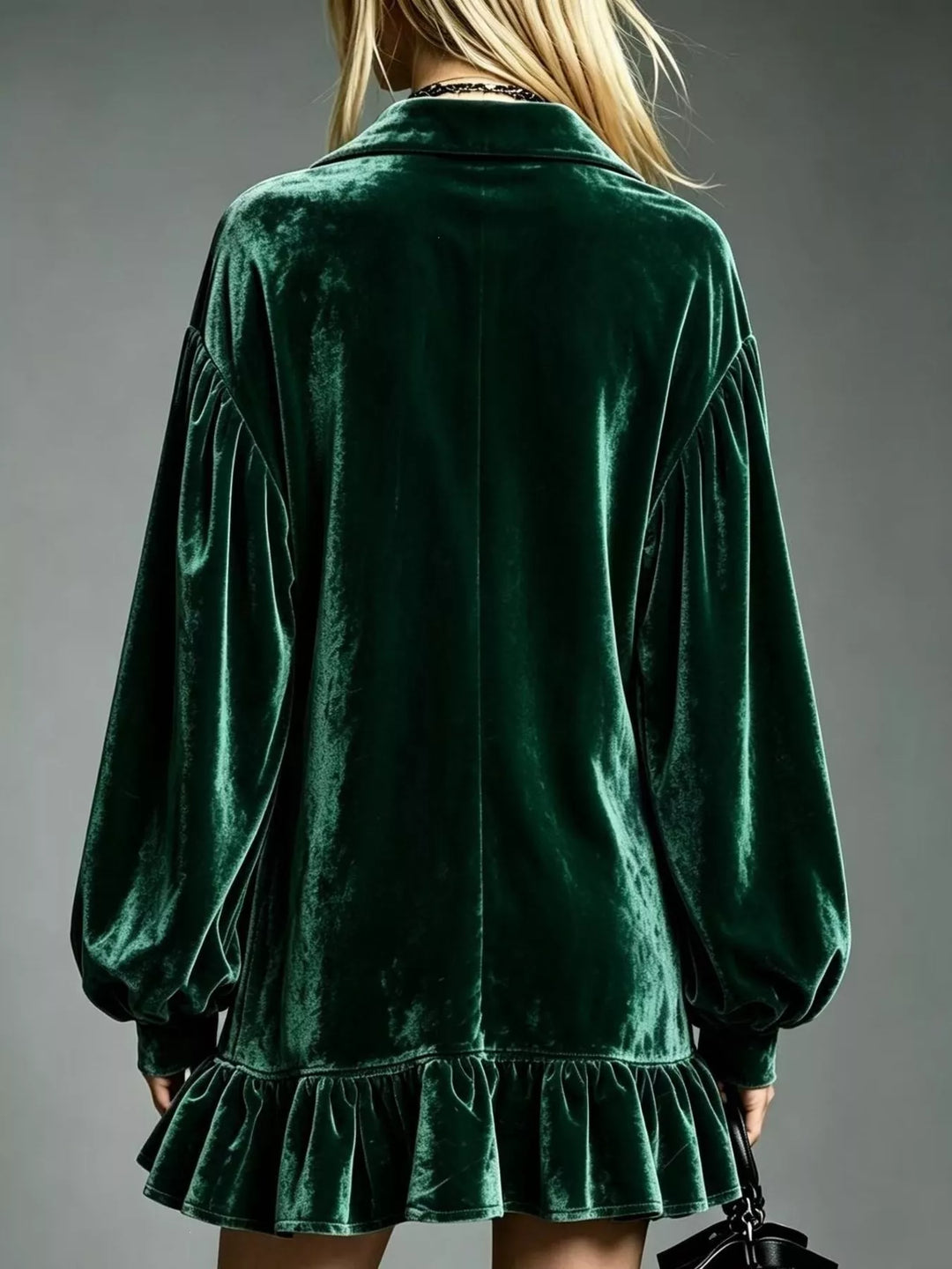 Dark green velvet long-sleeve mini dress back view with ruffle hem and gathered cuffs