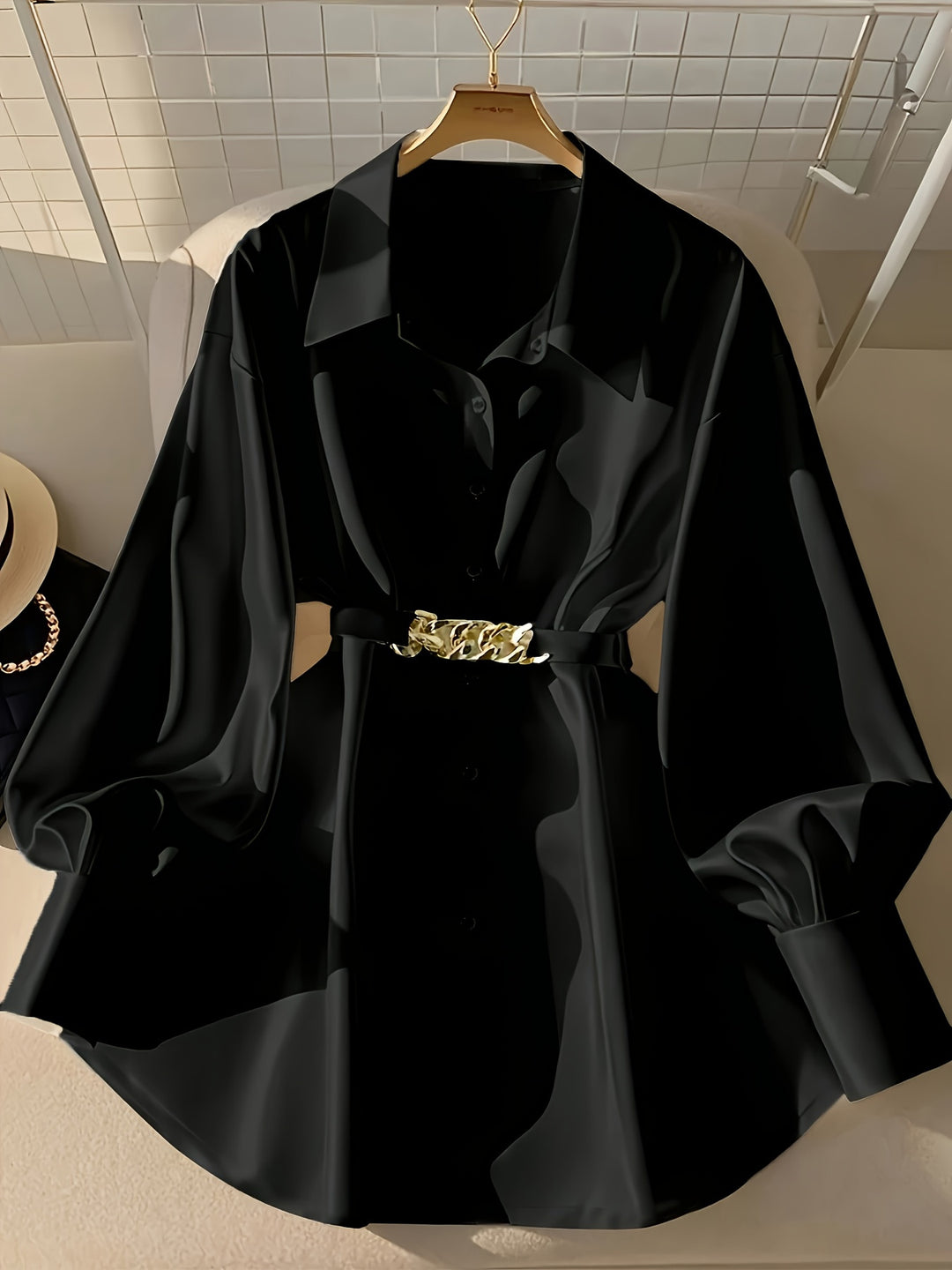 Dollish Long Sleeve Buttons Collar Office Shirts with Metallic Belt - Flossy Mom