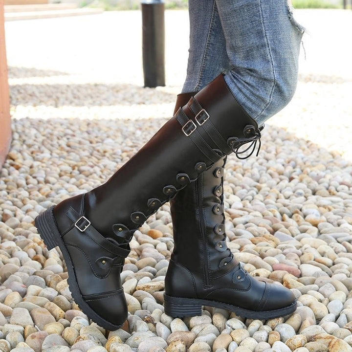 Women's Black Knee-High Riding Boots Equestrian Leather Style Flossy Mom