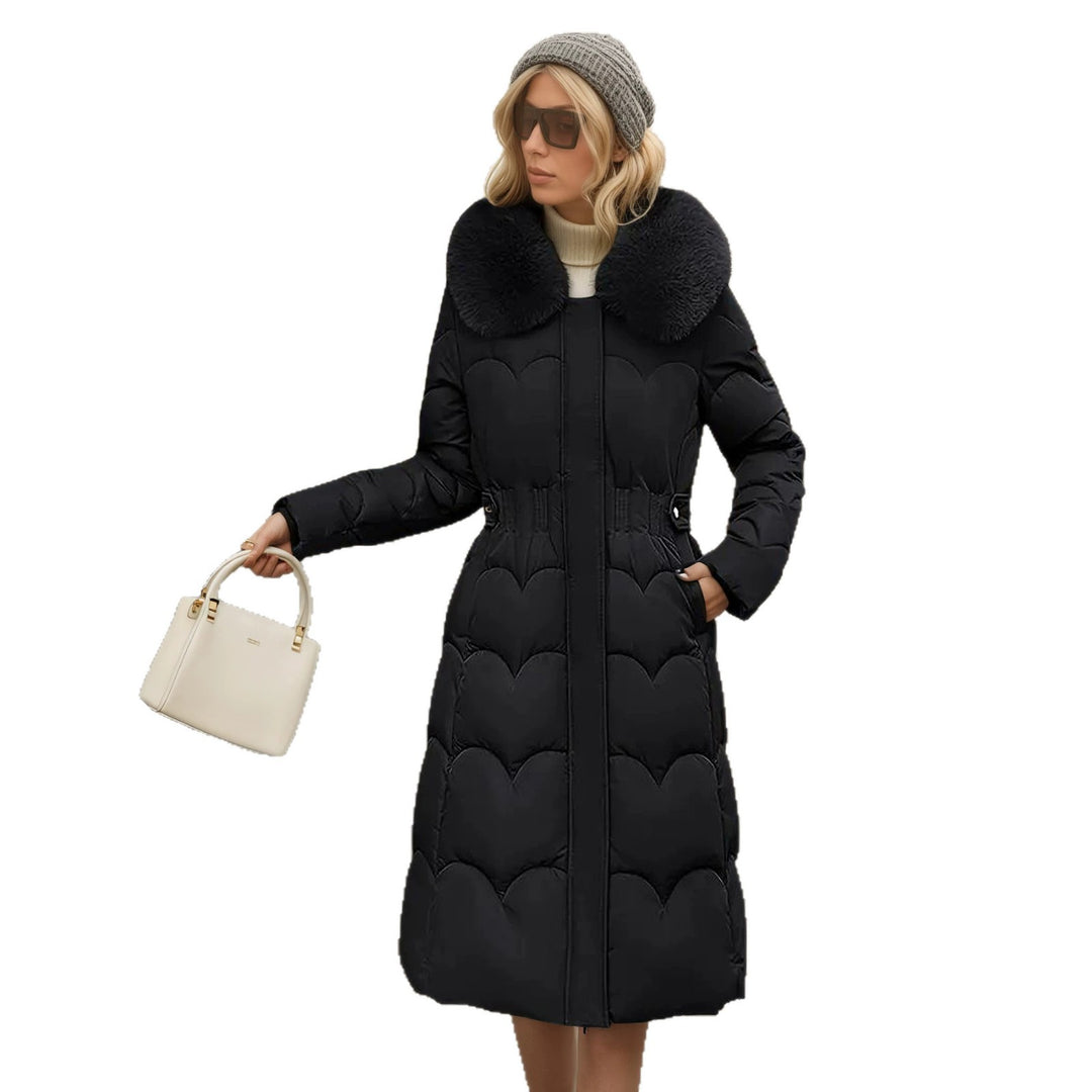 Women's Black Long Quilted Coat With Defined Waist And Pockets, Full Front View