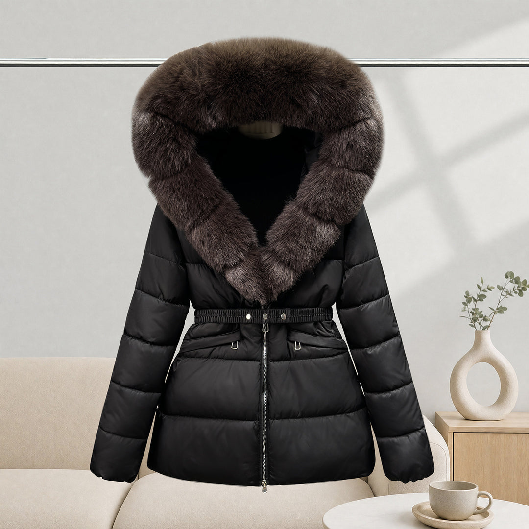 Women’s Black Belted Puffer Coat With Dark Brown Fur-Trimmed Hood, Front Product View.
