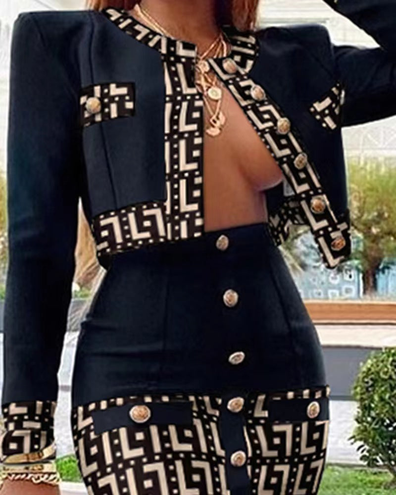 Office Lady Chic Stitching Details Long-sleeve Jacket & Midi Dress