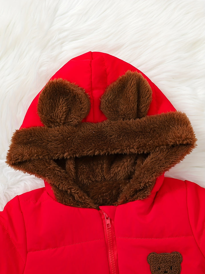 Red jacket with brown bear ears and face on a white background