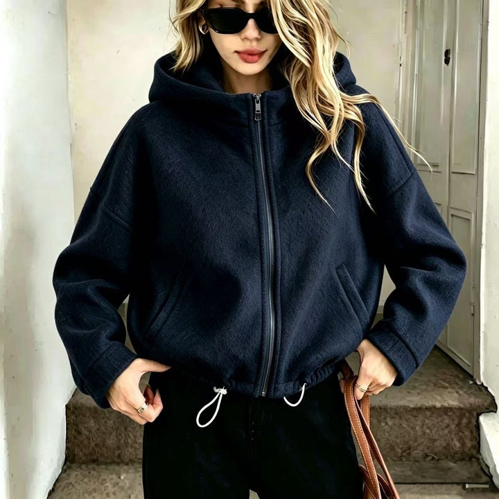 Women’s wool zip-up hoodie jacket, navy blue, high neck, front pockets