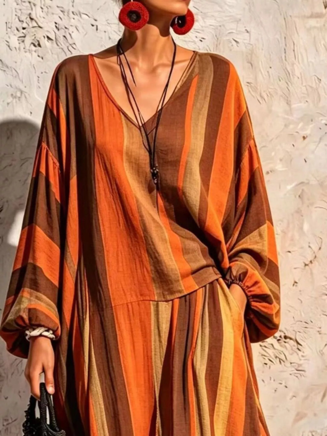 Women's Orange Striped V-Neck Top With Loose Long Sleeves, Close-Up