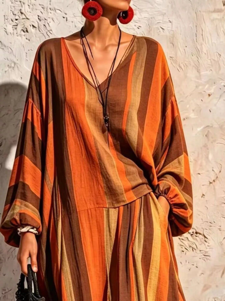 Women's Orange Striped V-Neck Top With Loose Long Sleeves, Close-Up