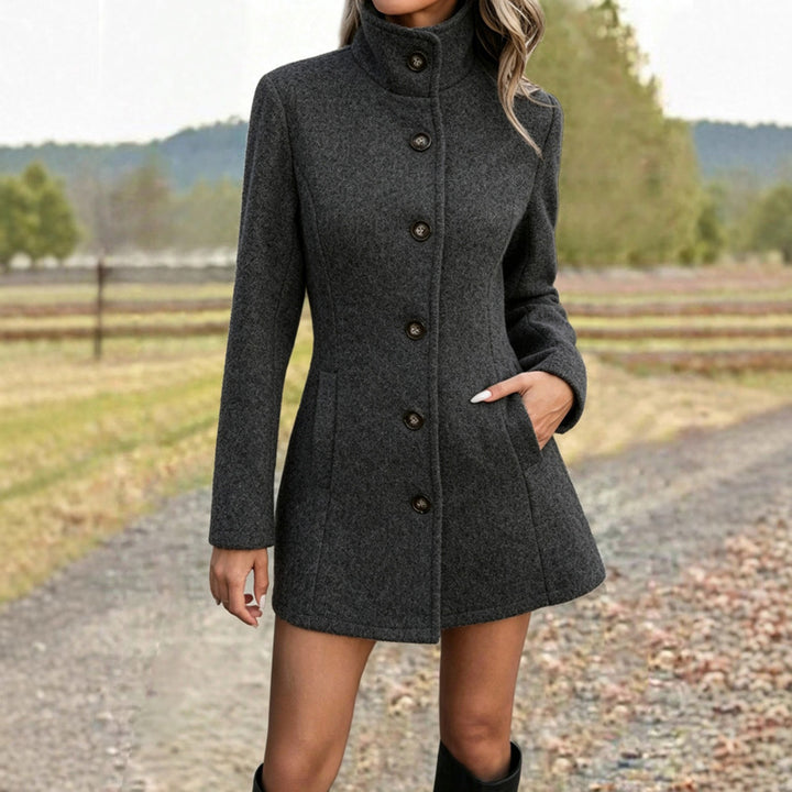Plus-size stand-collar button coat, dark gray, long sleeves, button front, pockets