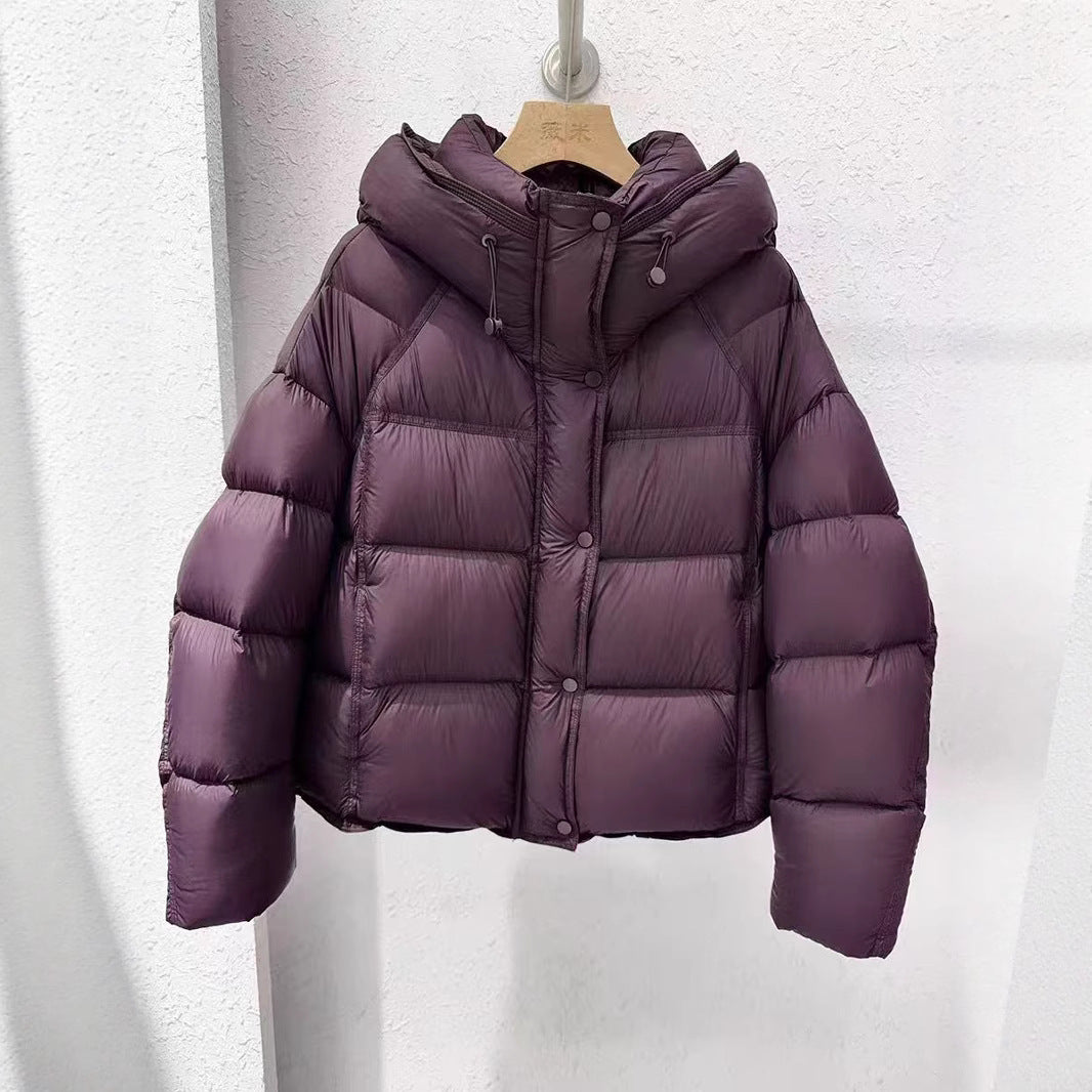 Women's plus size hooded puffer jacket, purple, front zip and quilted baffles
