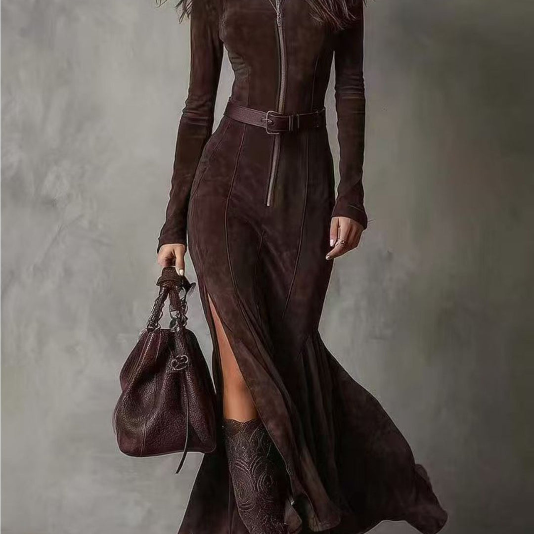 Cheongsam Collar Full-Length Zipper Slit Fleece Dresses - Flossy Mom