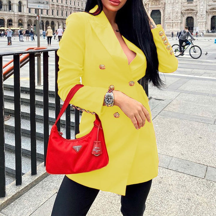 Yellow double-breasted midi blazer with gold buttons and long sleeves