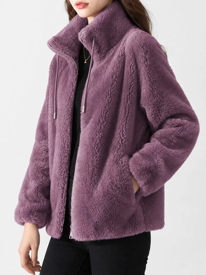 Purple faux fur zip jacket with stand collar and drawstring hood