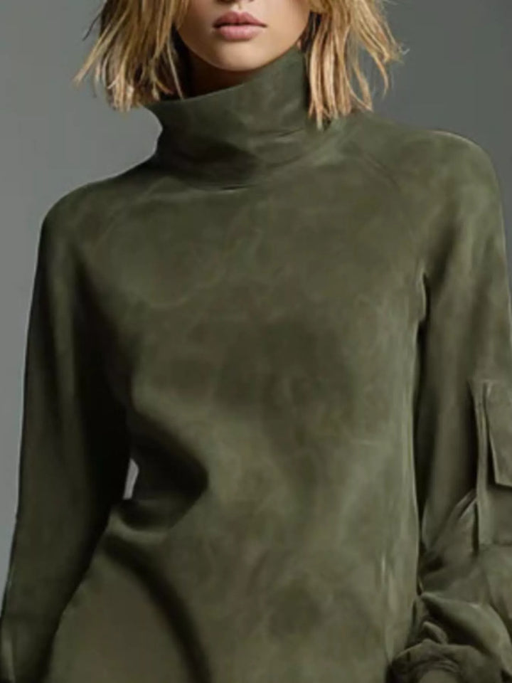 Army green suede mini dress turtleneck close-up with draped lantern sleeves