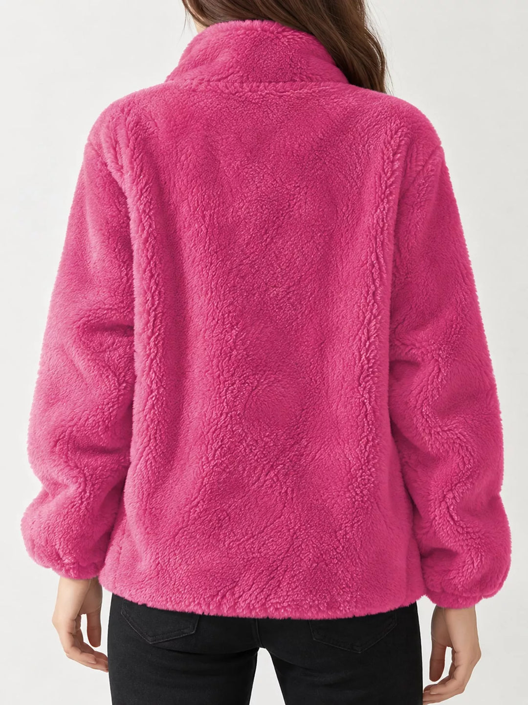 Fuchsia faux fur stand-collar zip jacket, back view