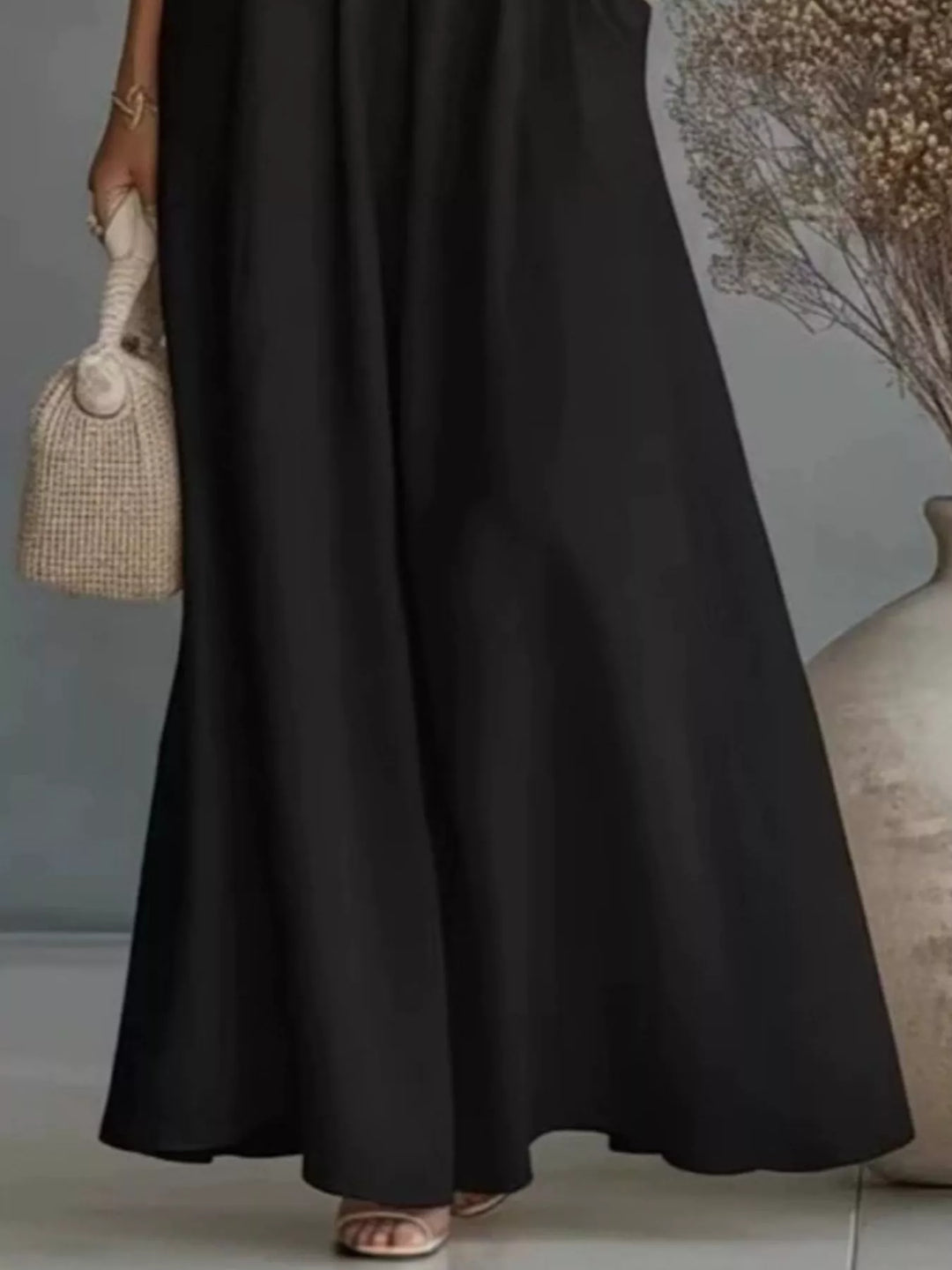 Plus-size one-shoulder top and wide-leg pants set, black, flowing wide-leg silhouette