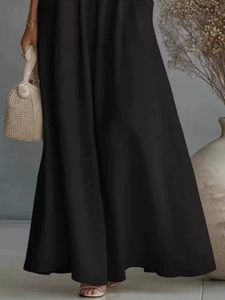 Plus-size one-shoulder top and wide-leg pants set, black, flowing wide-leg silhouette
