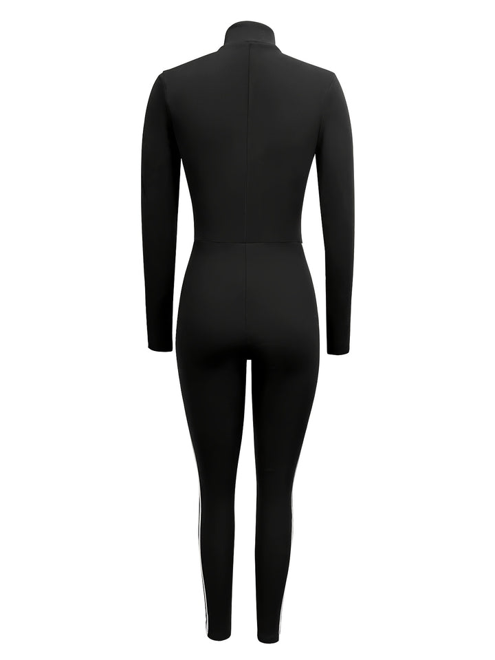 Sexy Stretchy Striped Slim-Fit Half-Zip Jumpsuits - Flossy Mom