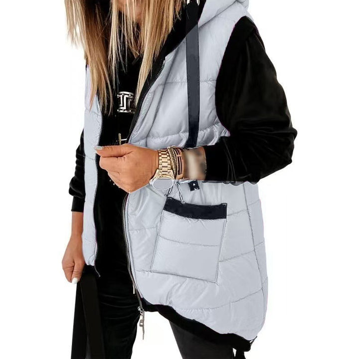Women's hooded padded vest with front zipper and two pockets, silver gray