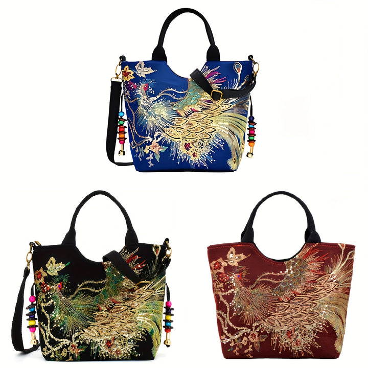 Three embroidered handbags with colorful designs on a white background