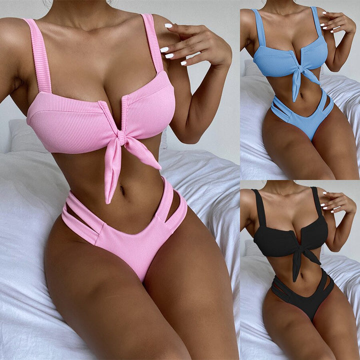 Solid Color Bowknot Side Cut Outs Bikini Swimsuits