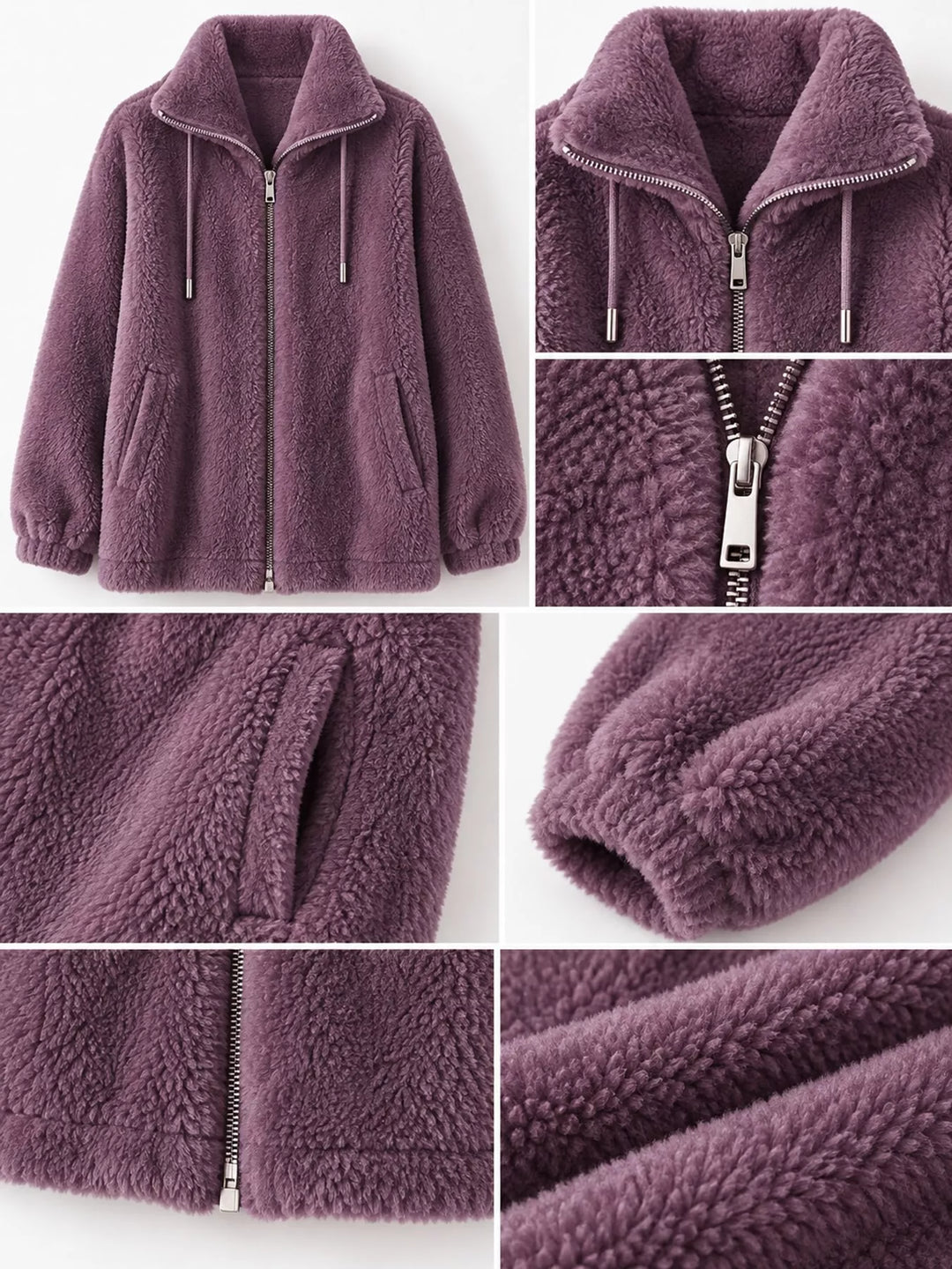 Purple faux fur zip jacket detail view: stand collar, zipper, and drawstring ties