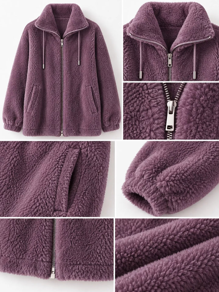 Purple faux fur zip jacket detail view: stand collar, zipper, and drawstring ties