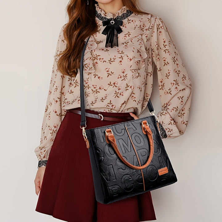 Top Handle Straps Zipper Letter Print PU Leather Handbags - Flossy Mom