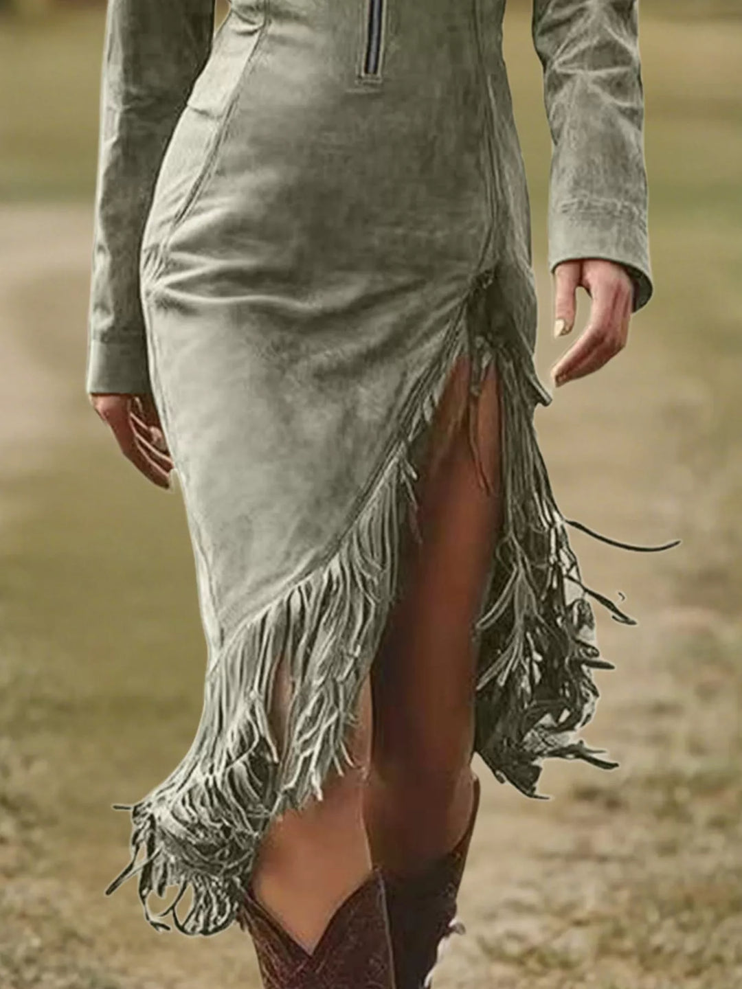 Sage green bodycon zip-front dress with side slit and fringe hem