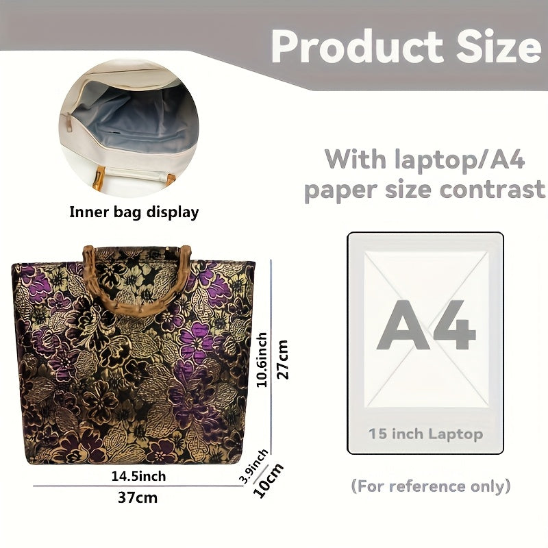 Product size comparison with inner bag display, laptop, and A4 paper size for reference.