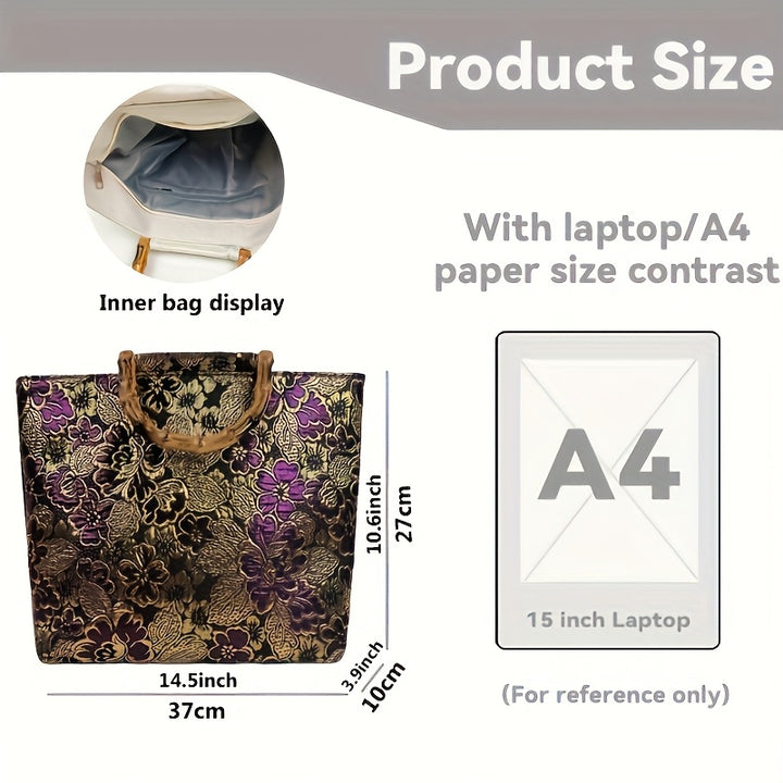 Product size comparison with inner bag display, laptop, and A4 paper size for reference.