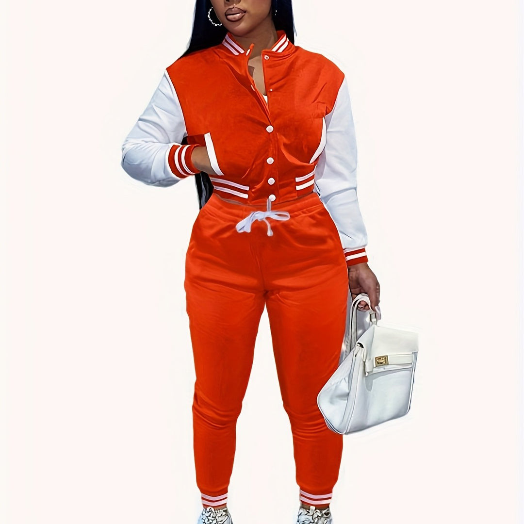 Trendy Streetwear Crop Baseball Jacket & Pants Set - Flossy Mom