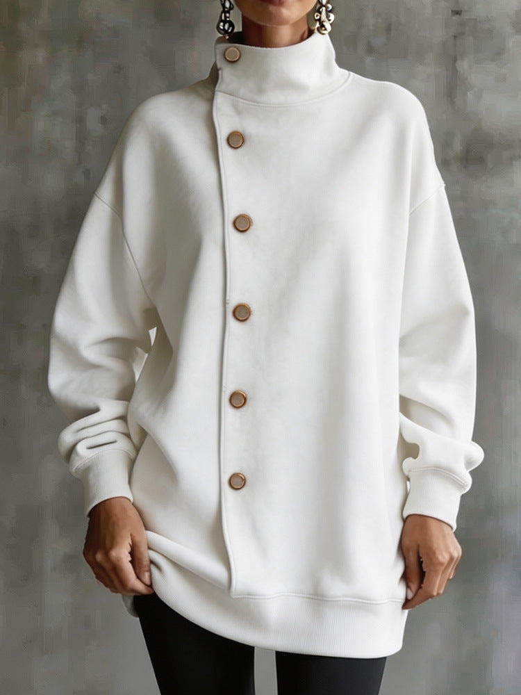 Women's White Stand-Collar Pullover With Offset Buttons, Long Sleeves, And Loose Fit, Front View On Model