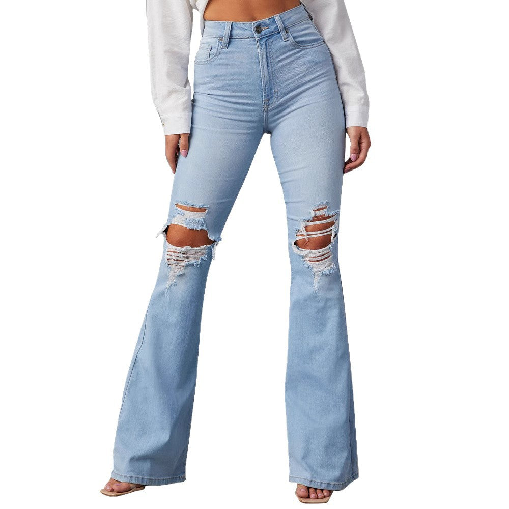Streetwear High Waist Ripped Flare Women's Denim Jeans