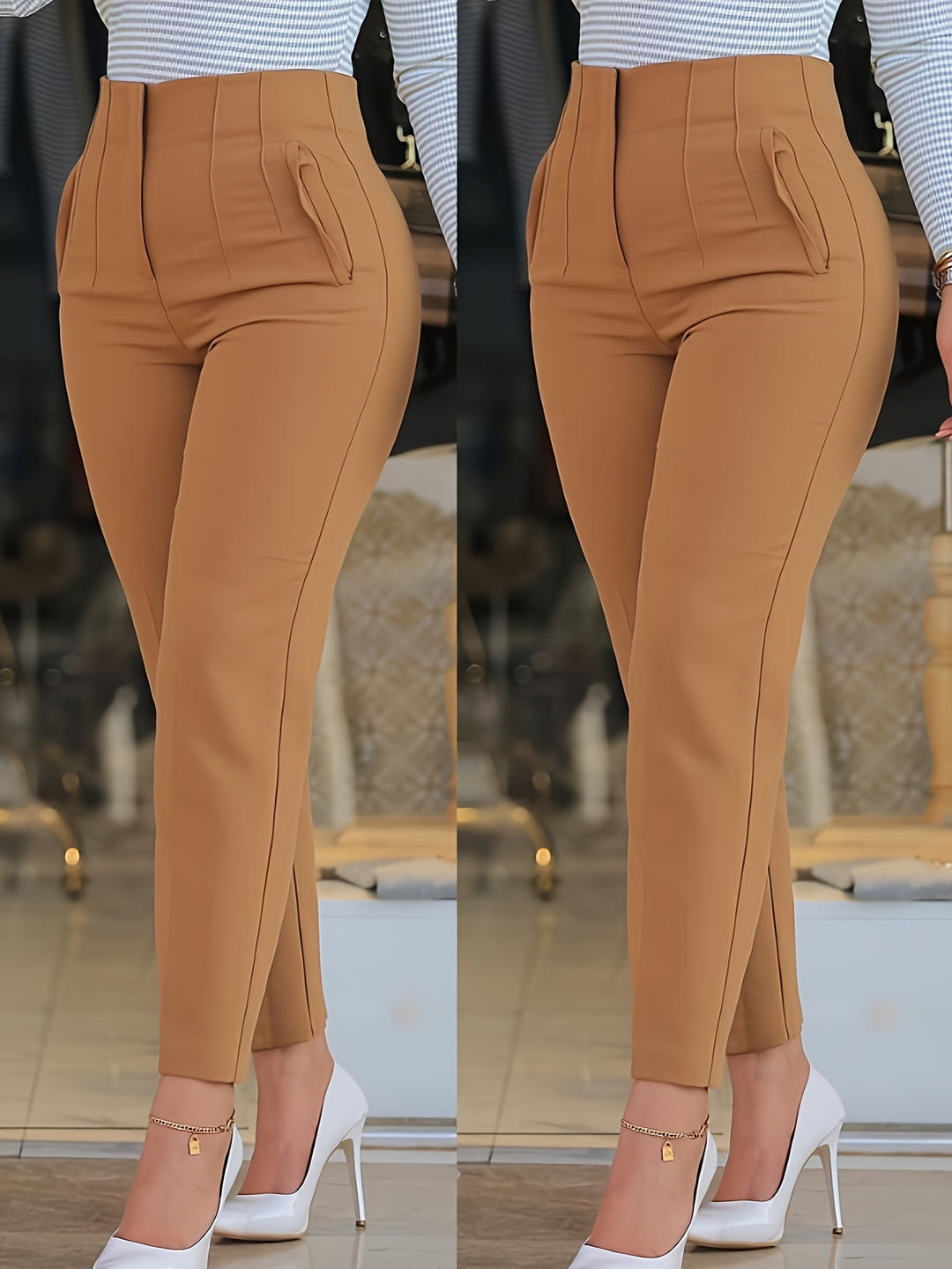 Tan pants worn by a person with a blurred background
