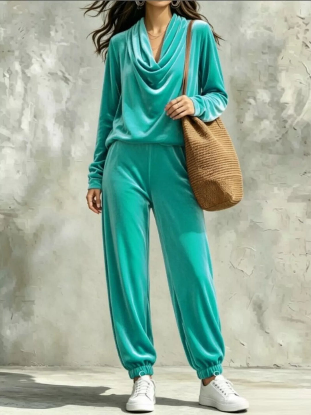Teal velvet cowl neck long-sleeve top and matching jogger pants set, relaxed fit