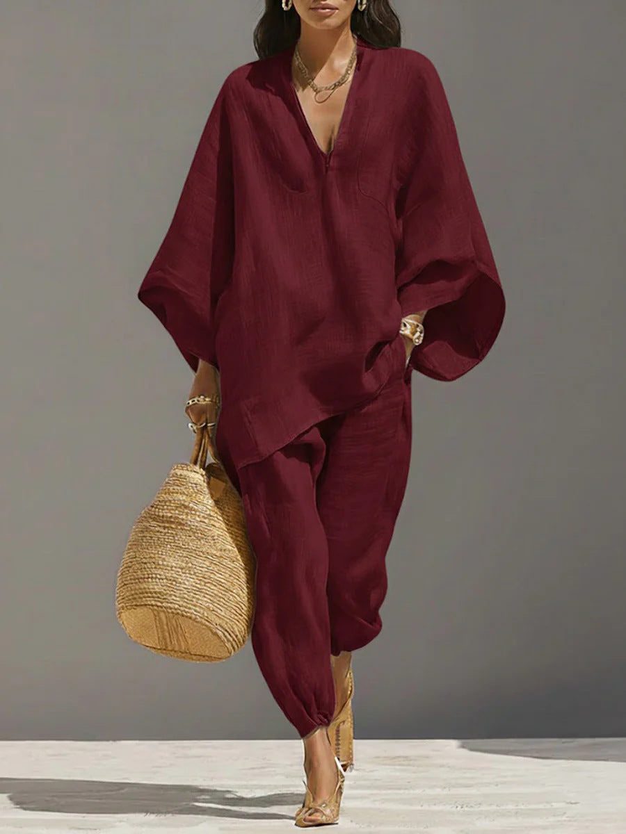 Women's Solid Color Loose Three-Quarter Sleeve Shirt And Pants Set
