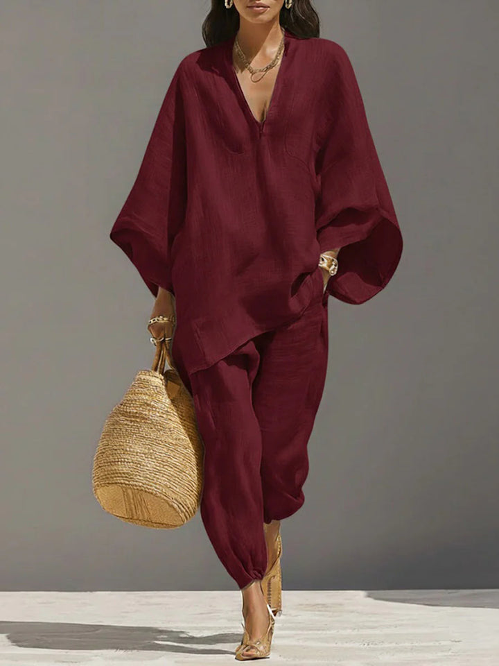 Women's Solid Color Loose Three-Quarter Sleeve Shirt And Pants Set