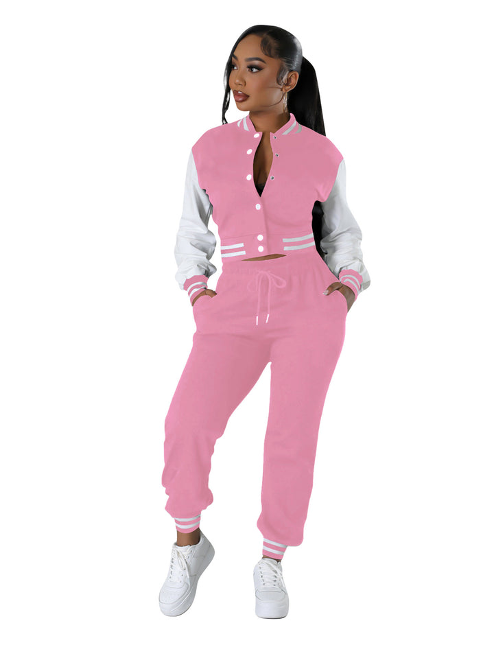 Women’s splicing stripe varsity jacket and drawstring joggers set, pink with white sleeves